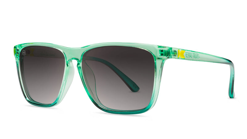 Sunglasses with a Green Frame and Polarized Amber Gradient Lenses, Threequarter