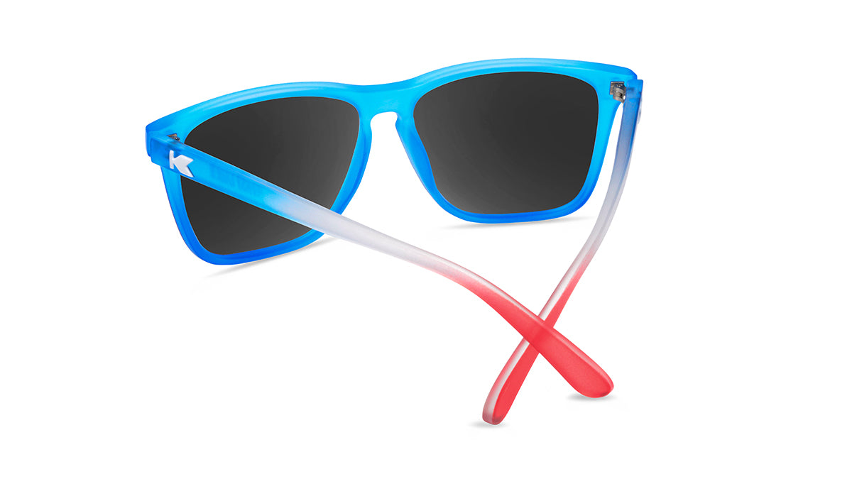 Sunglasses with Blue, White, and Red Frames and Polarized Blue Moonshine Lenses, Back