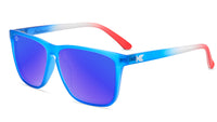 Sunglasses with Blue, White, and Red Frames and Polarized Blue Moonshine Lenses, Flyover