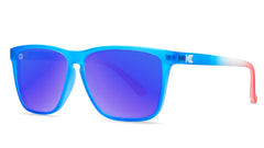 Sunglasses with Blue, White, and Red Frames and Polarized Blue Moonshine Lenses, Threequarter