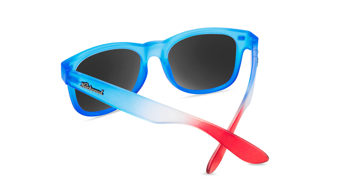 Sunglasses with Blue, White, and Red Frames and Polarized Moonshine Lenses, Back