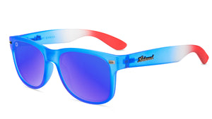 Sunglasses with Blue, White, and Red Frames and Polarized Moonshine Lenses, Flyover