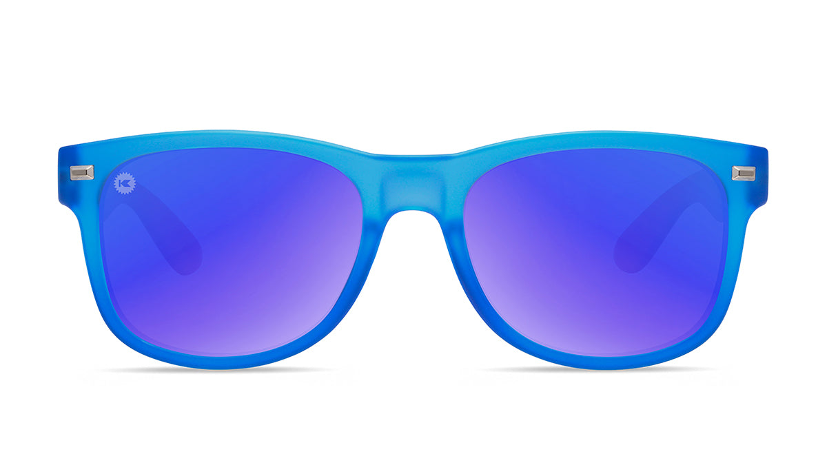 Sunglasses with Blue, White, and Red Frames and Polarized Moonshine Lenses, Front