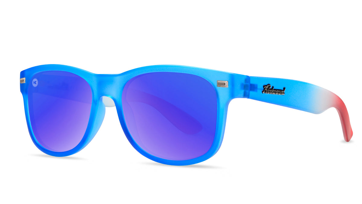 Sunglasses with Blue, White, and Red Frames and Polarized Moonshine Lenses, Threequarter