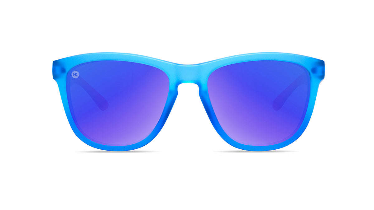 Kids Sunglasses with Blue, White, and Red Frames and Polarized Blue Lenses, Front