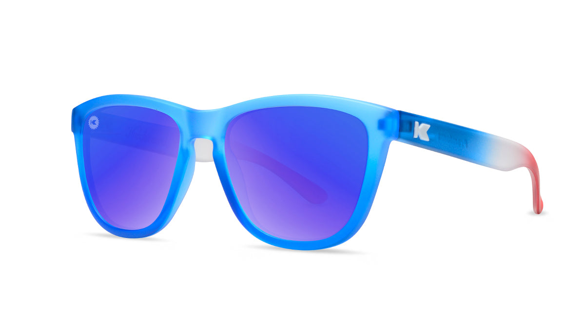Kids Sunglasses with Blue, White, and Red Frames and Polarized Blue Lenses, Threequarter