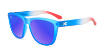 Sunglasses with Blue, Red, and White Frames and Polarized Blue Moonshine Lenses, Flyover