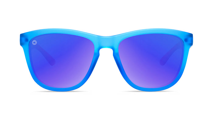 Sunglasses with Blue, Red, and White Frames and Polarized Blue Moonshine Lenses, Front