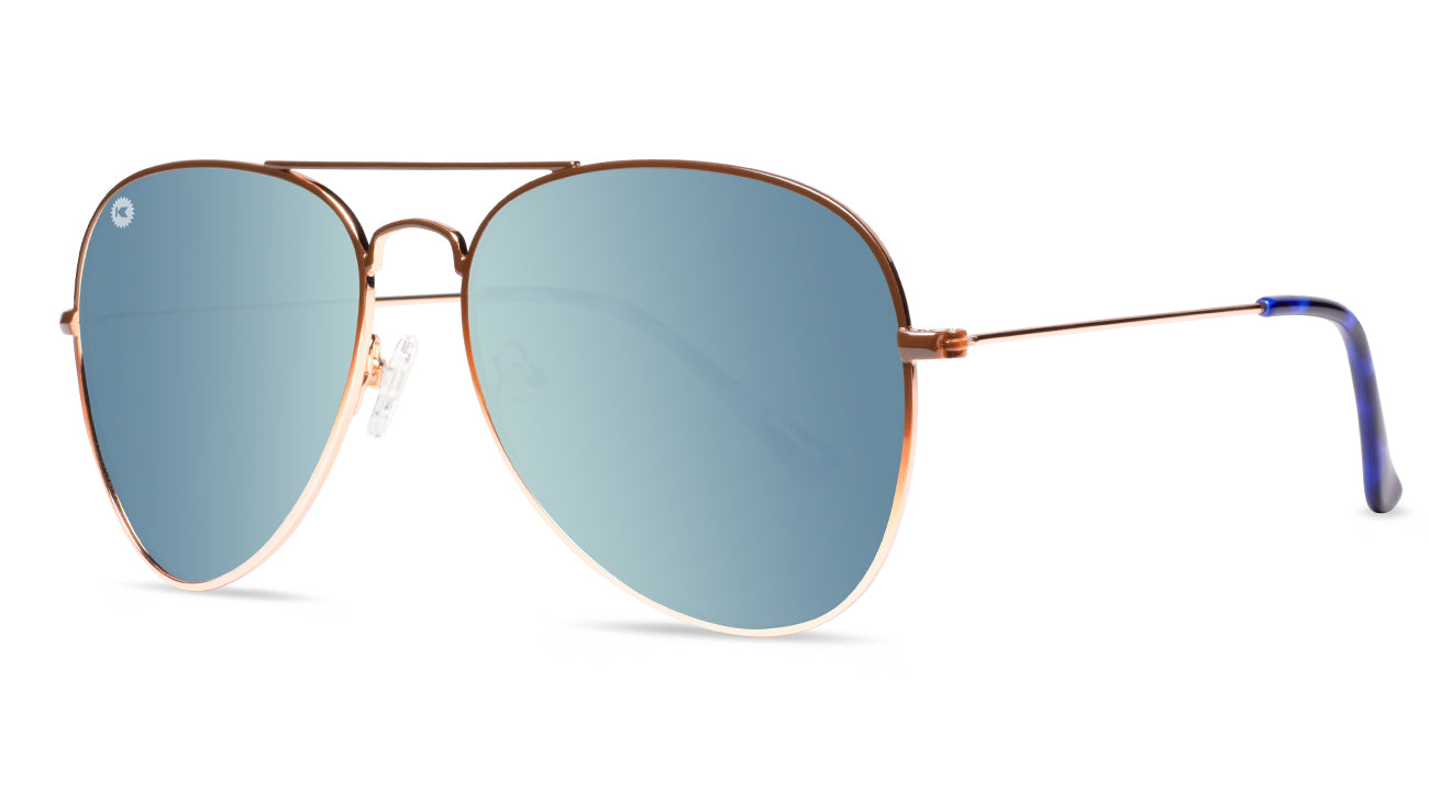 Sunglasses with Brown Metal Frames and Polarized Blue Lenses, Threequarter