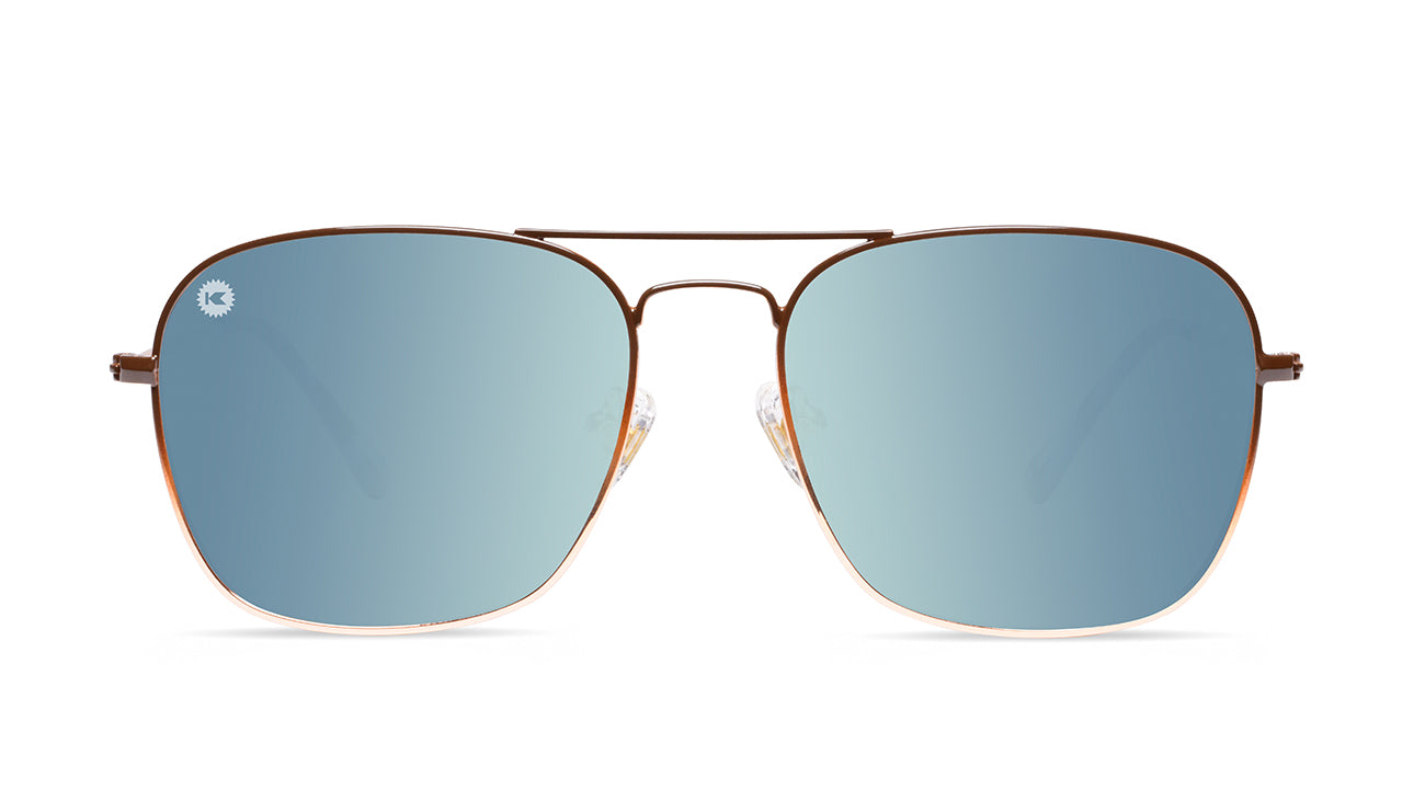 Sunglasses with Brown Metal Frames and Polarized Blue Lenses, Front