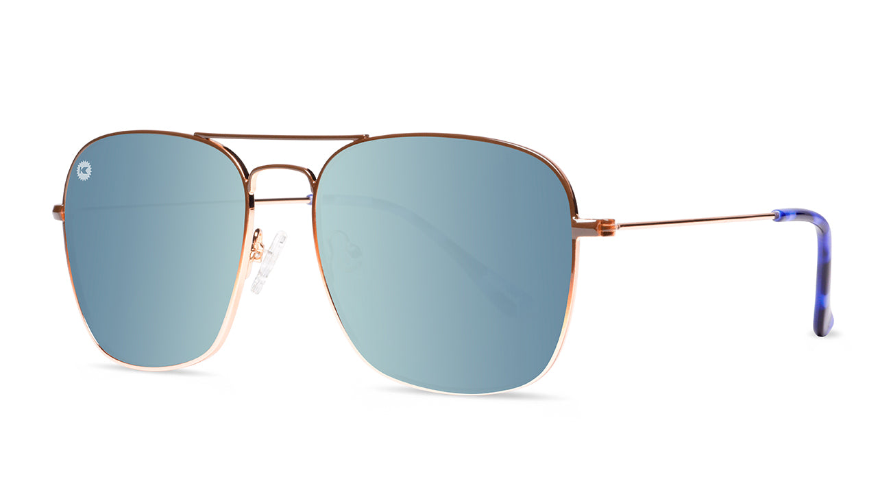 Sunglasses with Brown Metal Frames and Polarized Blue Lenses, Threequarter
