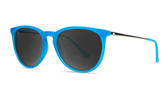 Sunglasses with Blue Frames and Polarized Smoke Lenses, Threequarter