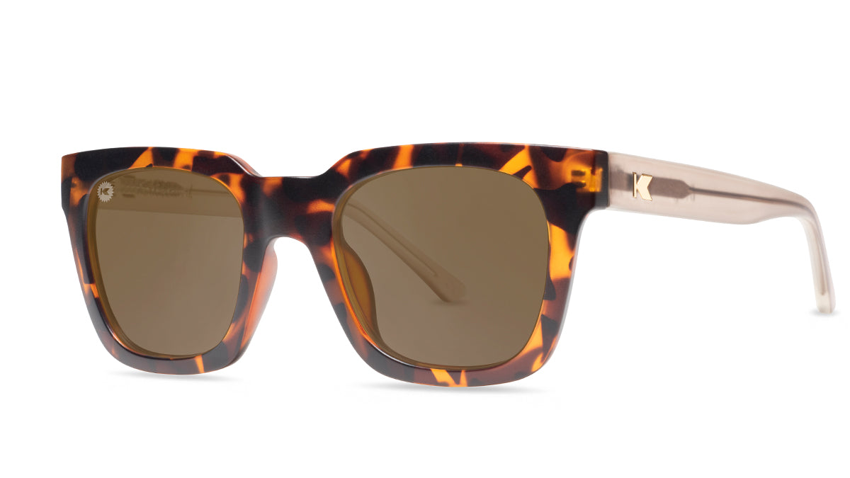 Sunglasses with Tortoise Shell Fronts and Clear Amber Arms with Polarized Amber Lenses, Threequarter