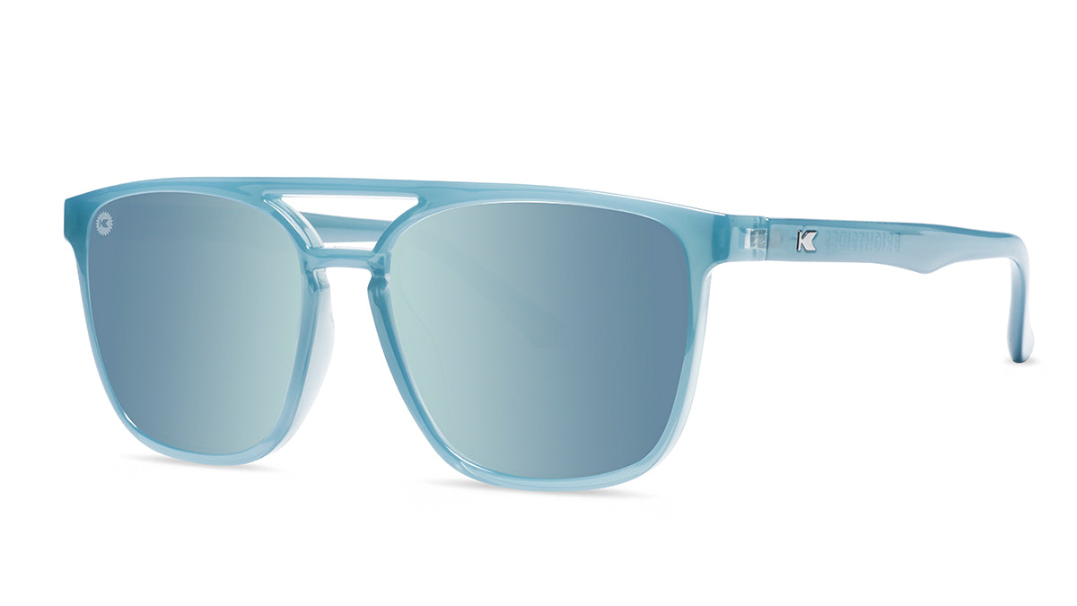 Sunglasses with Blue Frames and Polarized Sky Blue Lenses, Threequarter