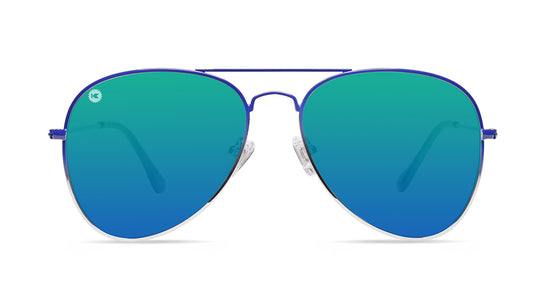 Sunglasses with Blue Metal Frames and Polarized Green Lenses, Front