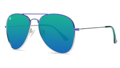 Sunglasses with Blue Metal Frames and Polarized Green Lenses, Threequarter
