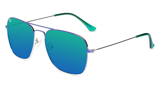 Sunglasses with Blue Metal Frames and Polarized Green Lenses, Flyover