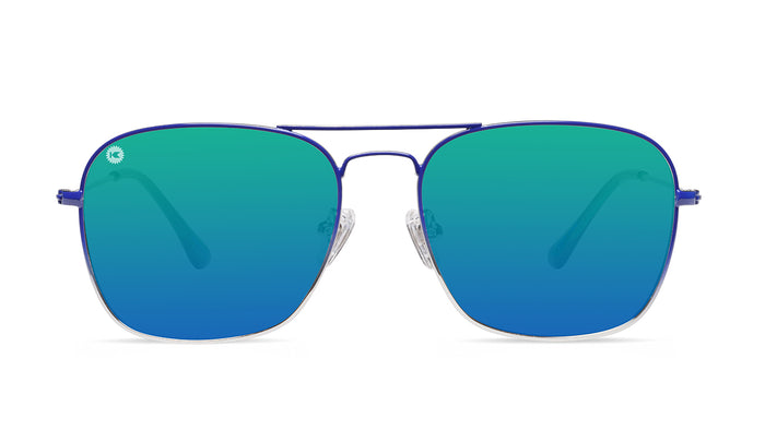 Sunglasses with Blue Metal Frames and Polarized Green Lenses, Front