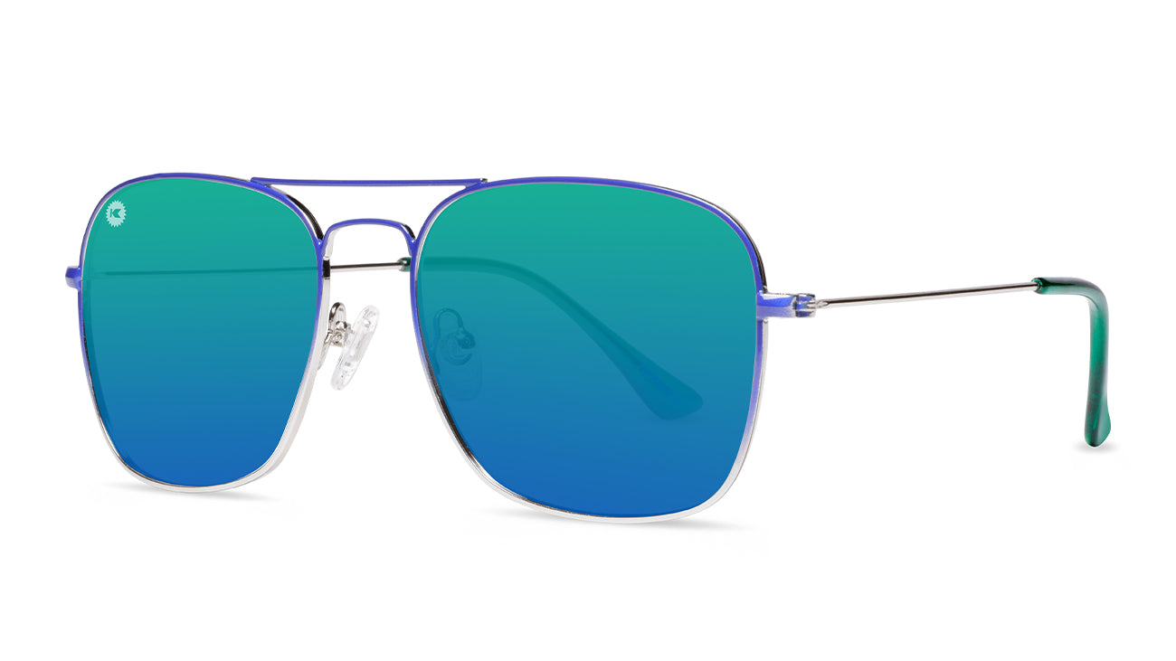 Sunglasses with Blue Metal Frames and Polarized Green Lenses, Threequarter
