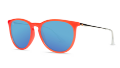 Sunglasses with Red Frames and Polarized Aqua Lenses, Threequarter