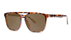 Sunglasses with Glossy Tortoise Shell Frames and Polarized Amber Lenses, Threequarter