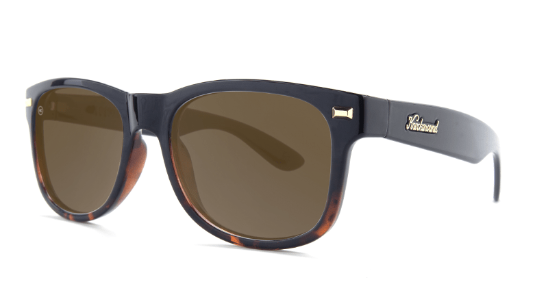 Sunglasses with Black and Tortoise Shell Fade Frames, and Polarized Amber Lenses, Threequarter