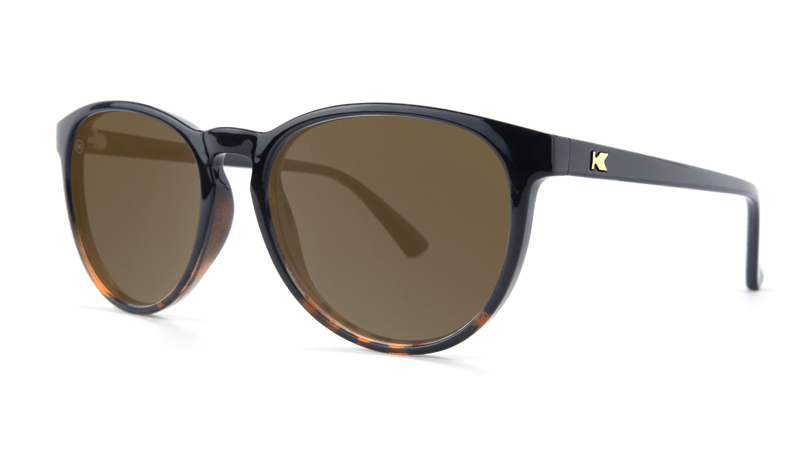 Sunglasses with Black and Tortoise Shell Fade Frames, and Polarized Amber Lenses, Threequarter