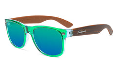 Sunglasses with Green Front and Wood Grain Print Arms and Polarized Green Lenses, Flyover