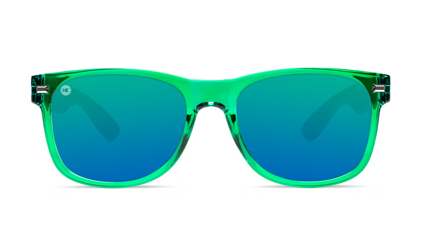 Sunglasses with Green Front and Wood Grain Print Arms and Polarized Green Lenses, Front