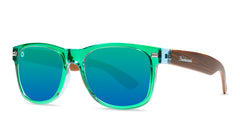 Sunglasses with Green Front and Wood Grain Print Arms and Polarized Green Lenses, Threequarter