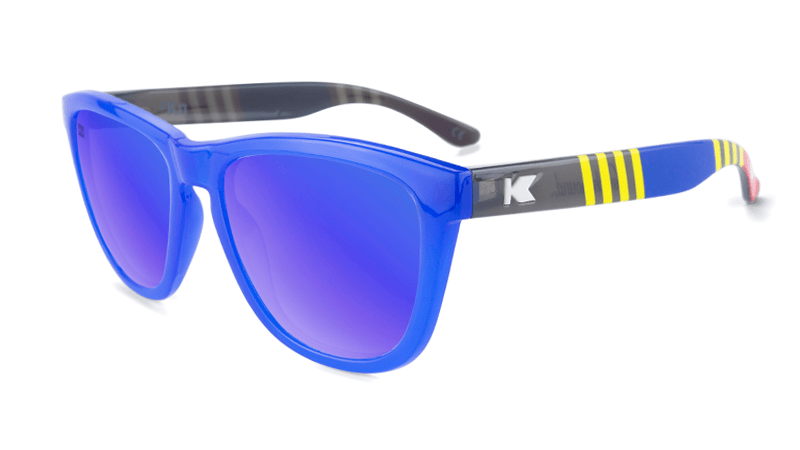 Sunglasses with Blue, Red, and Yellow Frames with Polarized Blue Moonshine Lenses, Flyover
