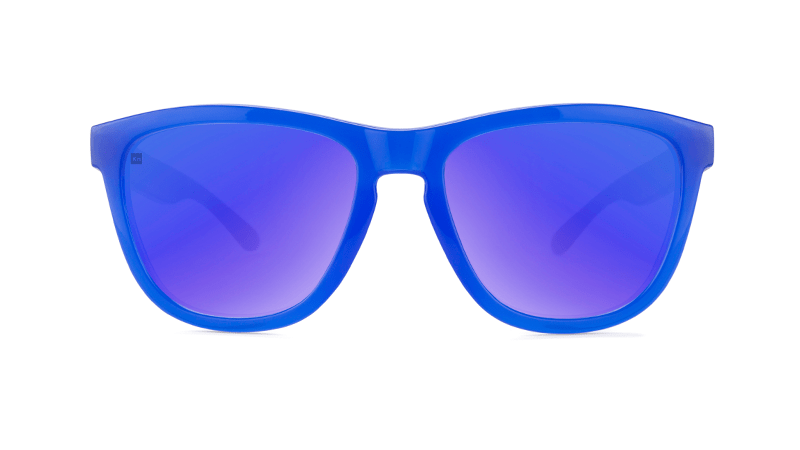 Sunglasses with Blue, Red, and Yellow Frames with Polarized Blue Moonshine Lenses, Front